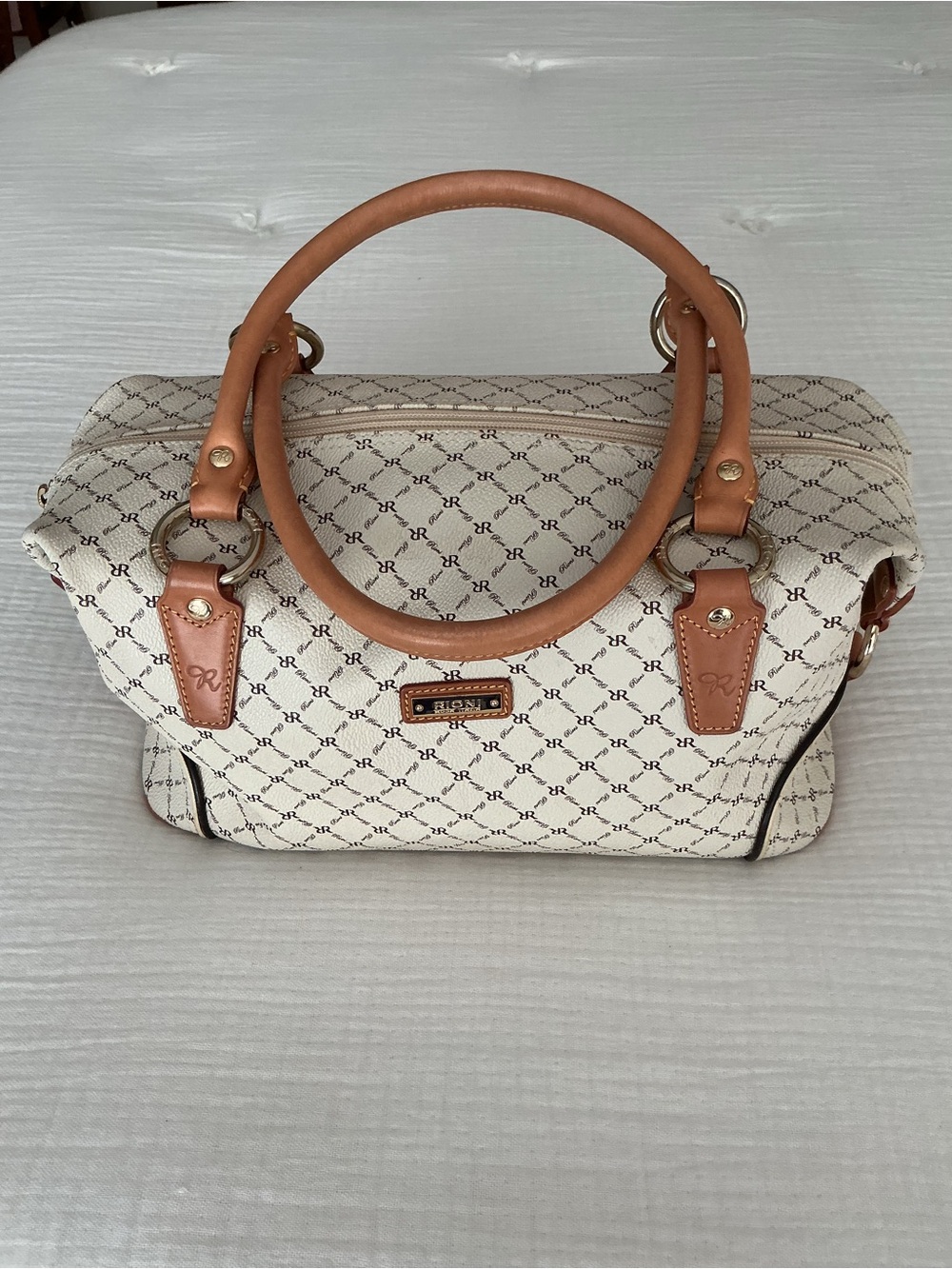 RIONI Felicity Monogram Ivory Satchel with Tan Leather Handles